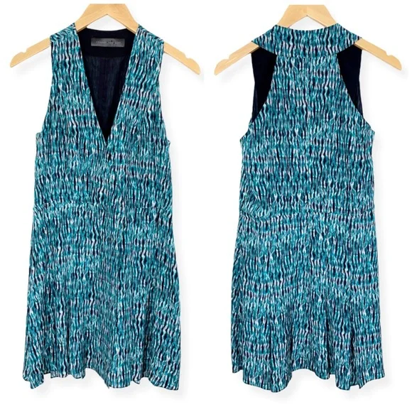 Proenza Schouler Teal Black Sleeveless Silk Print Wrap Mini Dress - Picture 2 of 14